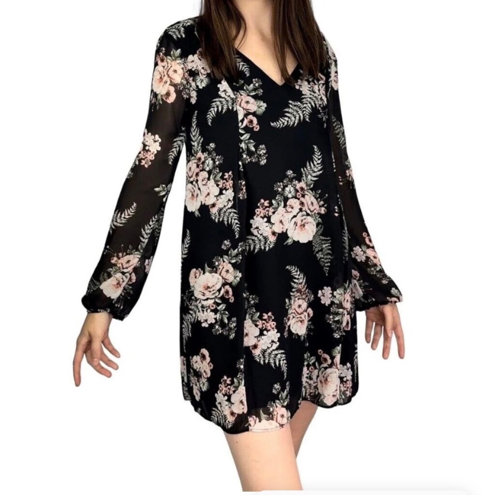 BCBGeneration Black Floral Long Sleeve Mini Dress